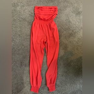 BEBE-Size XXS-Coral Halter Silk Romper/Bodysuit w/ Pleated Top-LIKE NEW